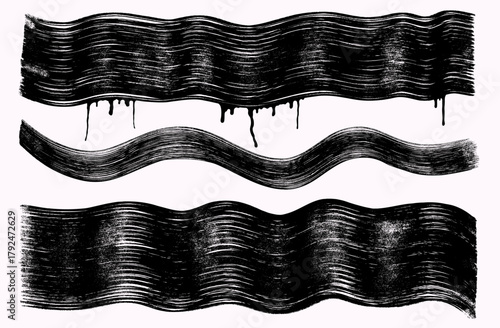 Thick flat wavy black brush stroke background set. Hand drawn ink brush texture with Asian calligraphy style. Japanese Chinese wide flowing lines, abstract black highlighter stroke vector backdrop.