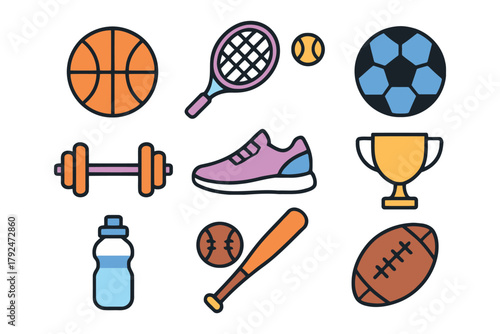 Collection of sports equipment and fitness items on white background