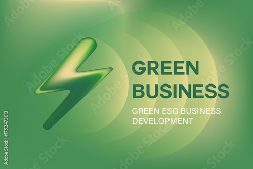 Abstract 3D glass texture lightning bolt glowing tunderbolt icon, environment protection, green sustainability business, blurred gradient background with copy space. Digital ESG development