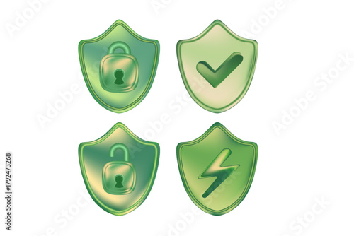 Abstract 3D glass texture security shield with glowing check mark icon, padlock, lightning bolt icon environment protection, green sustainability business. Digital ESG development