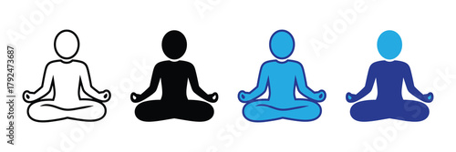 Meditation icon set with diverse styles, representing calm, yoga, and mindfulness practice isolated on white background