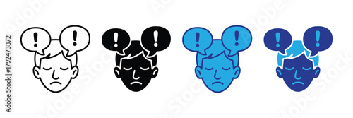 Stressed person's head icon set with exclamation mark speech bubbles, problem concept isolated on white background