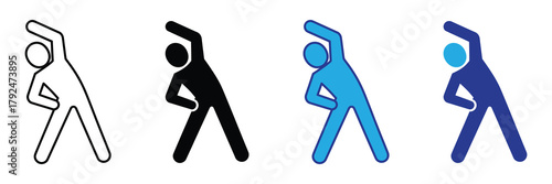 Stick figure stretching exercise vector icon set: side bend for fitness and wellbeing. isolated on white background