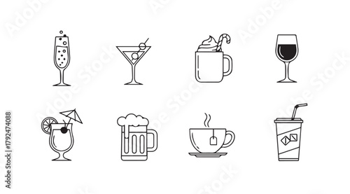 Collection of eight different beverage drink silhouettes in a clean line art style silhouette