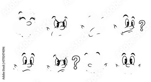 Set of vintage cartoon faces with various emotions for character design and animation isolated on Transparent Background