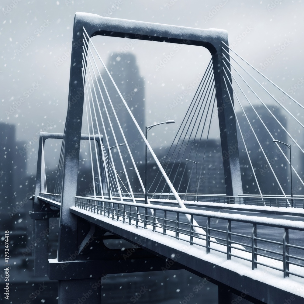 Obraz premium Modern cable-stayed bridge covered in snow during a winter snowfall in the city. Urban infrastructure in cold weather.
