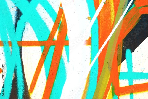 Vibrant abstract graffiti art in turquoise, orange, white. Modern 90s aesthetic, funky design, bold lines, street style art. Urban murals, creative banners, digital art, modern visuals.