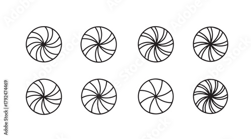 Eight oval shaped swirl candy silhouettes isolated on white background