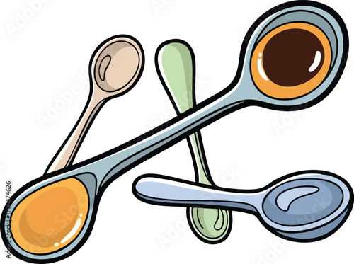 Assorted Spoons with Various Liquids Arranged Artistically on a White Background