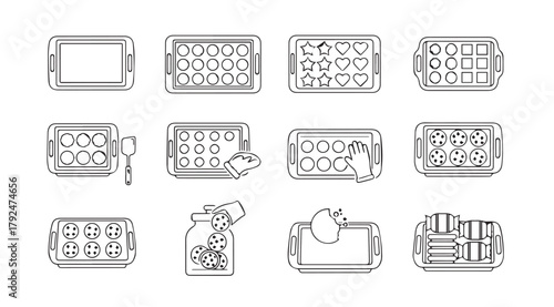 Collection of various baking trays and molds in a simple silhouette style