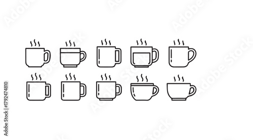 Collection of ten different steaming hot beverage mugs in a simple line art silhouette