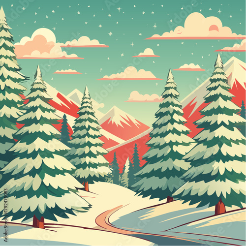 winterliche Landschaft mit Tannen und Bergen - Cartoon Comic Stil