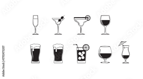 Collection of various alcoholic and non alcoholic drink silhouettes in a clean graphic style silhouette