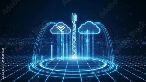Futuristic 5G Cell Tower with Cloud Connectivity and Digital Grid telecommunications network