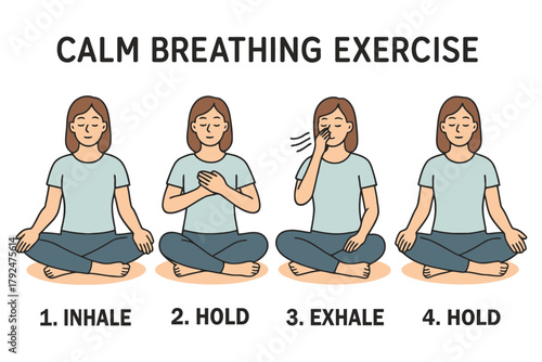 Woman demonstrating calm breathing exercise with four steps for relaxation
