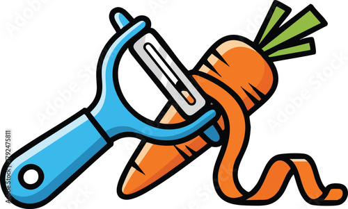 Blue Peeler Tool Preparing Orange Carrot With Green Stems And Orange Peel On White Background