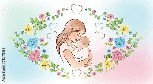 Beautiful watercolor illustration of mother embracing baby for Mother's Day or parental love concept isolated on Transparent Background