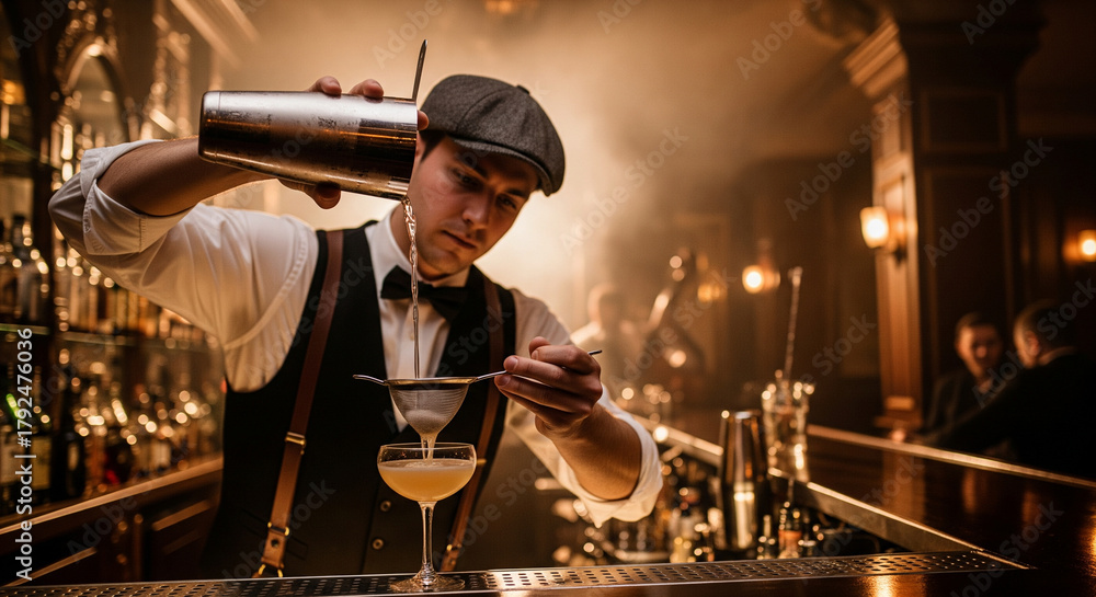 Naklejka premium Professional Bartender Pouring a Crafted Cocktail into a Glass at a Classic Bar