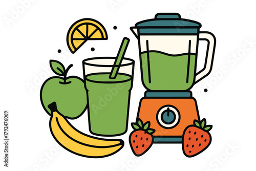 Healthy green smoothie ingredients and blender for fresh fruit drink