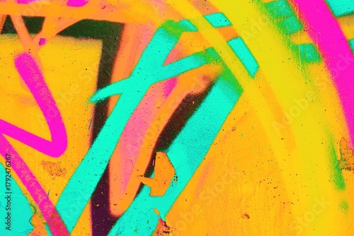 Vibrant graffiti pattern with neon pink, blue, orange on textured wall. 80s, Y2K style, fluorescent glow, bold lines. Digital art, creative backgrounds, urban design, modern 90s feel.