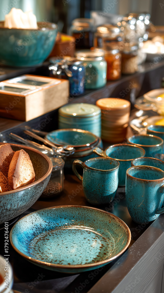 Fototapeta premium A beautiful teal pottery breakfast bar, featuring a selection of cups, bowls, bread, and toppings in an inviting, light-filled setting.