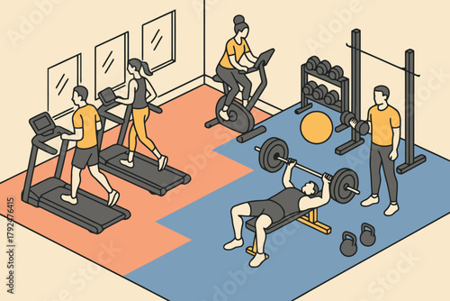 People exercising on treadmills and weightlifting in a modern gym