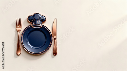 Wallpaper Mural Elegant Cooking Logo with Chef’s Hat, Plate, Fork and Knife in Metallic Navy and Copper Torontodigital.ca