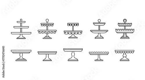 Collection of elegant tiered and single level cake stands and dessert display stands silhouette