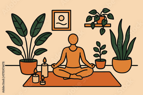 Person meditating peacefully surrounded by plants and candles in a cozy room