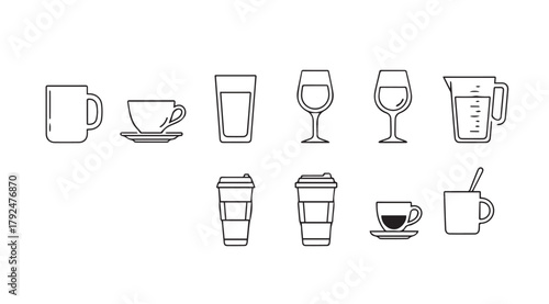 Collection of beverage containers and cups in a clean line art silhouette style