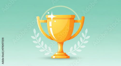 Golden trophy cup with laurel wreath, a symbol of victory and achievement, shining bright on a light green background, success concept