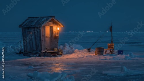 Wooden fishing shack illuminated by a warm light amidst the icy landscape at twilight