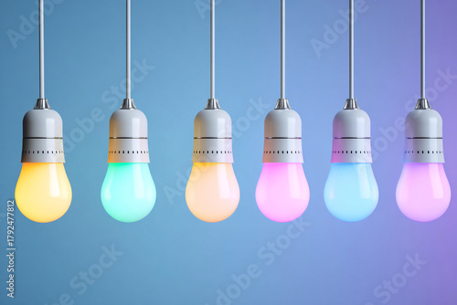Smart light bulbs glowing in different colors, bright clean home interior.