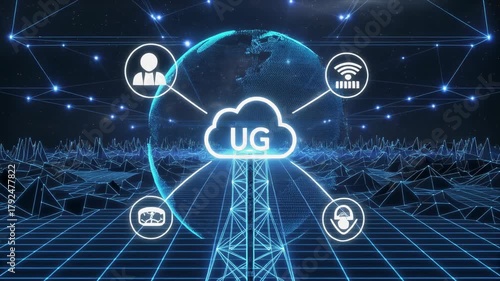 Futuristic Globe with Network Connections and Cloud Computing Icons Above Digital Landscape Keywords: technology, network, global