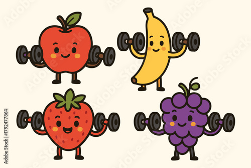 Four cute cartoon fruits exercising with dumbbells for healthy lifestyle
