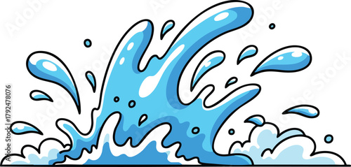 Blue water splash and waves with white foam on black background