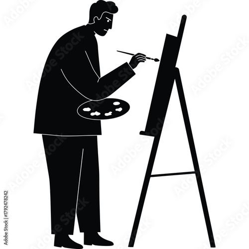 Artist at Work Painting on Easel, Black and White Illustration canvas painter palette brush artwork creative