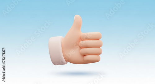 Cartoon hand giving a thumbs up on a blue gradient background, symbolizing approval, agreement, and positive feedback in 3d rendering
