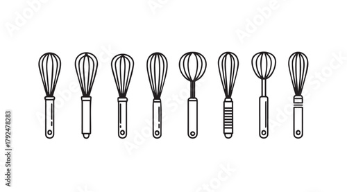 Collection of eight different kitchen whisks and spoons silhouette