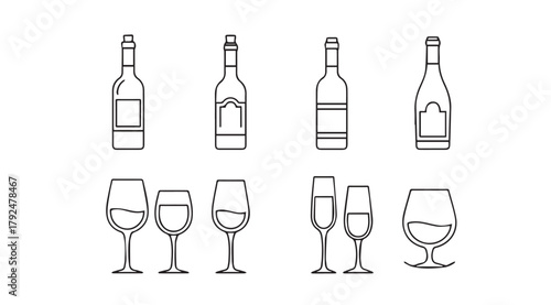 Collection of wine and champagne bottles and glasses in a simple outline silhouette style