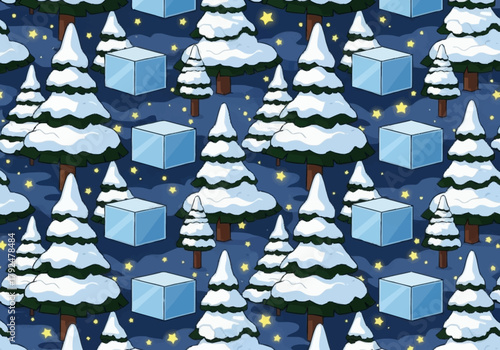 Seamless pattern of cartoon snowy pine trees and ice cubes.