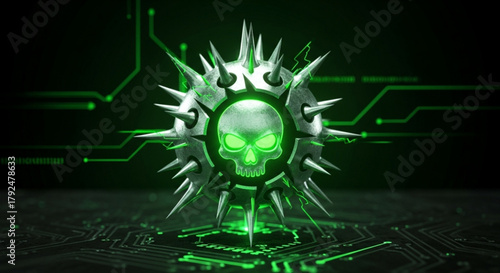 A menacing cyber virus with a skull at its core, surrounded by spikes, glows ominously against a dark, circuitladen backdrop, signifying digital threat