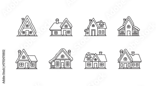 Collection of eight charming hand drawn village houses in a simple silhouette style