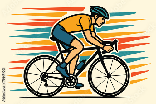 Man riding a bicycle with a helmet on a colorful striped background