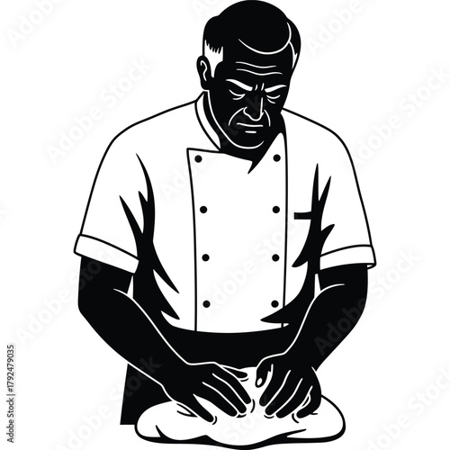Chef kneading dough illustration baker cooking food man uniform professional preparation recipe kitchen bakery