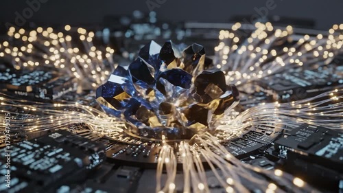Blue glowing crystal cpu core positioned on a complex dark circuit board, symbolizing advanced technology, quantum computing, and high-speed data processing in a futuristic environment