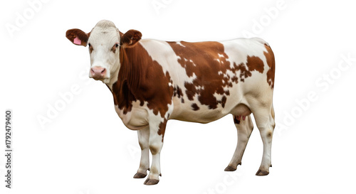 A beautiful brown and white spotted dairy cow stands proudly isolated