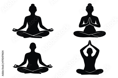 Four silhouettes of people meditating in lotus pose and other yoga positions