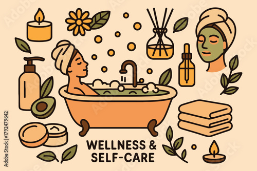 Relaxing self care routine with bath spa products and wellness elements