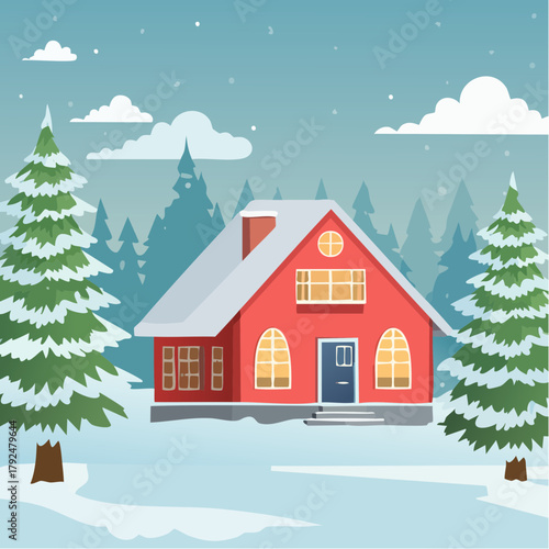 winterliche Landschaft mit einem Haus - Cartoon Comic Stil